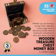 Load image into Gallery viewer, WOODEN TREASURE CHEST MONEYBOX WITH DECORATIVE INLAID BRASS |Piggy Bank | Wooden Treasure Chest | Wooden Chest | Pirates Chest | Vintage Money Box