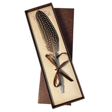 Load image into Gallery viewer, STRIPED, BROWN FEATHERED BALL POINT PEN | Feather Pen | Special Pen | Wizards Pen | Guest Book Pen | Wedding Pen