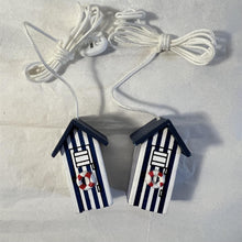 Load image into Gallery viewer, Pair of Dark Blue beach hut light pulls | Nautical Theme Wooden Beach Hut Cord Pull Light Pulls