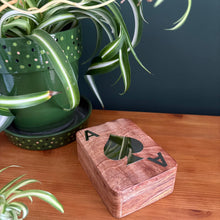 Load image into Gallery viewer, Handcrafted 𝗪𝗢𝗢𝗗𝗘𝗡 𝗣𝗟𝗔𝗬𝗜𝗡𝗚 𝗖𝗔𝗥𝗗 𝗕𝗢𝗫 with Silver Ace of Spades Inlay – Single Deck Storage Case with Playing Cards, Poker Gift for Card Players