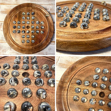 Load image into Gallery viewer, 22cm Diameter wooden SOLITAIRE BOARD GAME with CLEAR POLAR SWIRL GLASS MARBLES | classic wooden solitaire game | strategy board game | family board game | games for one | board games