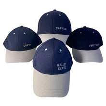 Load image into Gallery viewer, Set of 4 Adjustable Navy-Blue Baseball Caps, Galley Slave, Captain, Crew & First Mate, Nautical Boating Hats for Sailing, Yachting & Team Uniform