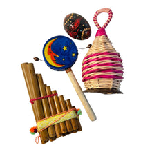 Load image into Gallery viewer, ROUND THE WORLD 4 PIECE MUSICAL INSTRUMENT GIFT BOX | A selection of Fair Trade percussion and wind instruments celebrating music from around the world | musical delights and global sounds from around the world.