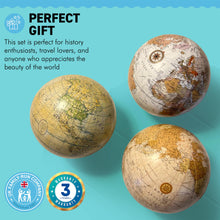 Load image into Gallery viewer, Set Of three Globes with individual display stands | Exploration globes desk set | Each 10cm in diameter | Presented in gift packaging | showcase different cartographic styles
