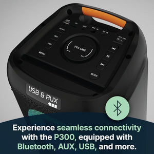 Portable Bluetooth Party Speaker | P300 | 8HR Battery, 300 WATTS | LED Light Display and 2.0 Sound | Karaoke Ready - Wired Microphone and Remote | USB and AUX Connections