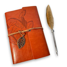 Load image into Gallery viewer, FEATHERED BALL POINT PEN AND LEATHER BOUND NOTEBOOK | Writing Set | Leather Bound Notebook | Feather Pen | Creative Writing | Pen and Notebook Set