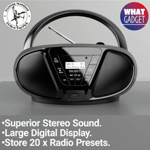 Load image into Gallery viewer, PORTABLE CD PLAYER & DAB BOOMBOX | Bluetooth, DAB+ Digital Radio & FM | USB & AUX Playback | Clear 2.0 Stereo Sound | Majority Boxworth | 15hr Battery Playtime