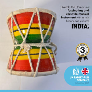 DAMRU DRUM | DAMARU| Indian Drum| Hand Drum| Percussion Instrument | Fair Trade percussion and Wind Instruments | | Traditional Indian Folk Music | Brightly coloured Handmade Mango wood Damru Drum