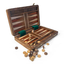 Load image into Gallery viewer, Folding WOODEN INLAID BACKGAMMON SET 32cm x 26cm | Classic Strategy Board Game | Wooden playing pieces and dice | Travel back gammon| Backgammon