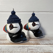 Load image into Gallery viewer, Pair of ceramic Cute Puffin hanging ornaments | Light Pull | Nautical Theme ceramic Cord Pull Light Pulls