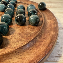 Load image into Gallery viewer, 30cm Diameter MANGO WOOD SOLITAIRE BOARD GAME with Midnight Blue Glass Marbles | |classic wooden solitaire game | strategy board game | family board game | games for one | board games