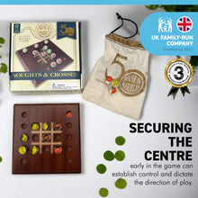 Load image into Gallery viewer, Noughts and Crosses marble game with wooden board | Tic Tac Toe strategy solitaire marble game | includes 10 glass marbles and wooden board | 14cm x 14cm | Strategic and Engaging Twist on a Classic game