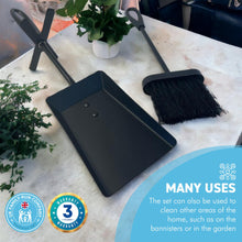 Load image into Gallery viewer, FIRESIDE BRUSH and  PAN shovel set | Tidy clean log burner stove | Powder coated black finish | Built-in stand | Hearth Iron Fireside Tidy Set | Bannister set
