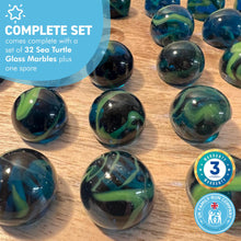 Load image into Gallery viewer, 30cm Diameter WOODEN SOLITAIRE BOARD GAME with SEA TURTLE GLASS MARBLES | classic wooden solitaire game | strategy board game | family board game | games for one | board games