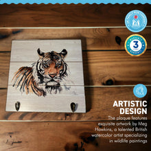 Load image into Gallery viewer, Rustic Wooden Design Tiger Plaque Wall Hooks | 30cm x 30cm wooden plaque | supplied with two hooks attached | wall hanging fixings attached | Wildlife art