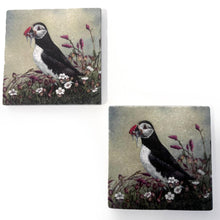Load image into Gallery viewer, 2 x Green Stone Coasters with Puffin, Wildlife Watercolour Design, Wildlife Coasters