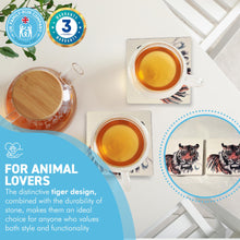 Load image into Gallery viewer, 2 x TIGER STONE COASTERS | Stone Coasters | Animal novelty gift | Coaster for glass, mugs and cups| Square coaster for drinks | Tiger gift | Meg Hawkins art | 10cm x 10cm