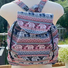 Load image into Gallery viewer, ELEPHANT BACKPACK| Bag with front and inside pocket | Red and blue bag | Unisex bags | Backpack for beach and travel | Elephant gifts | 35cm (L) x 34cm (W)
