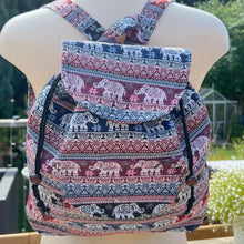 Load image into Gallery viewer, ELEPHANT BACKPACK| Bag with front and inside pocket | Red and blue bag | Unisex bags | Backpack for beach and travel | Elephant gifts | 35cm (L) x 34cm (W)