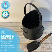 Load image into Gallery viewer, 28cm(h) Straight sided Matt Black COAL BUCKET with shovel | scuttle | hod | BUILT IN 30CM SHOVEL | Fireside accessory | log store | fireplace