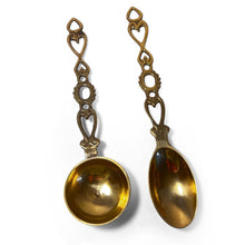 Load image into Gallery viewer, Set of 2 brass Love Spoons, wedding tokens, rustic decor, housewarming gift