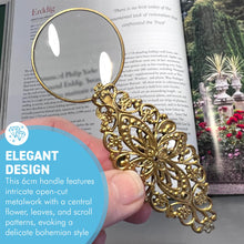 Load image into Gallery viewer, Petite Magnifying Glass with gold handle in leaf pattern, ideal for reading, precision work, crafting.