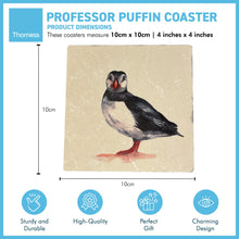 Load image into Gallery viewer, PROFESSOR PUFFIN STONE COASTER | Stone Coasters | Animal novelty gift | Coaster for glass, mugs and cups| Square coaster for drinks | Puffin gift | Meg Hawkins art | 10cm x 10cm