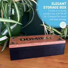 Load image into Gallery viewer, DOMINOES SET IN WOODEN STORAGE BOX – Chrome Inlay Lid – Resin Tiles – Classic Game for Family & Friends