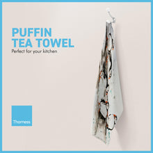 Load image into Gallery viewer, Puffin Tea Towel | 100% Cotton | Large kitchen towel for drying| Hand towel with group of Puffins | Puffin themed gift | Beach Gift | Cotton tea towel | 70 cm x 50 cm