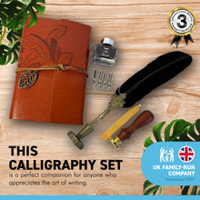 Load image into Gallery viewer, BLACK FEATHER QUILL 5 NIBS PEN NOTEBOOK QUILL PEN STAND INK WAX SEAL AND FLEUR DE LIS STAMP | Calligraphy Set | Writing Set | Ink Pen | Leather Bound Notebook | Feather Pen