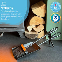 Load image into Gallery viewer, FIRESIDE BRUSH and  PAN shovel set | Tidy clean log burner stove | Powder coated black finish | Built-in stand | Hearth Iron Fireside Tidy Set | Bannister set