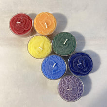 Load image into Gallery viewer, Chakra tea light candles set of 7 | each a different colour and with a different fragrance to represent 7 chakras | 100% pure natural Palm Wax and contain 3% pure essential oils
