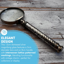 Load image into Gallery viewer, Vintage Silver Handheld Magnifier with woven lattice pattern handle, perfect for reading and precision tasks