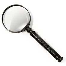 Load image into Gallery viewer, Vintage Silver Handheld Magnifier with geometric patterned handle, perfect for reading, crafting and precision work