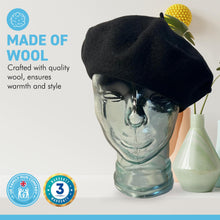 Load image into Gallery viewer, Black French Beret Hat | Classic wool hat | One size | French cap |  Fancy dress theme hat | Vintage French Beret solid colour | Unisex style ideal for men and women