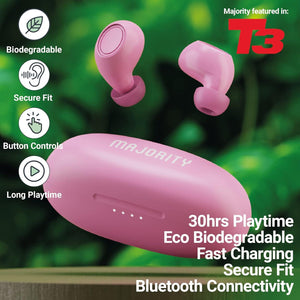 Majority Biodegradable WIRELESS EARBUDS, Bluetooth Earphones 5.3, 30H Playtime | Eco-Friendly Ear Buds With Fast Charging Case, Stereo Sound, Built-In Mic | In-Ear Headphones, Tru Bio | Pink