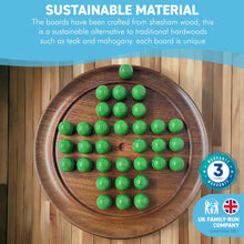 Load image into Gallery viewer, 30cm Diameter WOODEN SOLITAIRE BOARD GAME with Pea Green Glass Marbles | |classic wooden solitaire game | strategy board game | family board game | games for one | board games