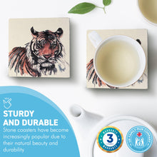 Load image into Gallery viewer, 2 x TIGER STONE COASTERS | Stone Coasters | Animal novelty gift | Coaster for glass, mugs and cups| Square coaster for drinks | Tiger gift | Meg Hawkins art | 10cm x 10cm