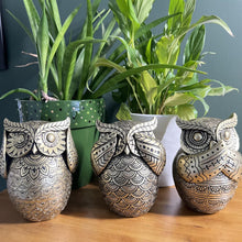 Load image into Gallery viewer, Set of three 13 cm (H) Golden Owl Figurines – Hear No Evil, See No Evil, Speak No Evil - Polystone Collectible Ornaments for Home Decor