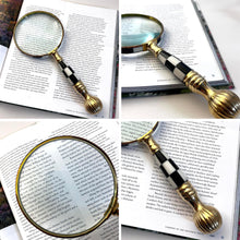 Load image into Gallery viewer, Magnifying Glass with Mother of Pearl Inlay and ball and chess patterned handle, elegant decorative handheld magnifier for reading and collecting