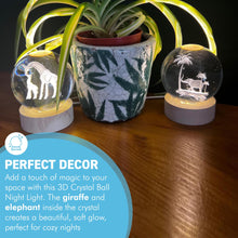 Load image into Gallery viewer, Set of Two 3D Crystal Ball Night Light USB Lamp with Elephant and Giraffe designs, elegant modern illumination for any room