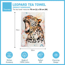 Load image into Gallery viewer, Leopard Tea Towel | 100% Cotton | Large kitchen towel for drying| Hand towel with Leopard | Leopard themed gift | Animal house Gift | Cotton tea towel | 70 cm x 50 cm
