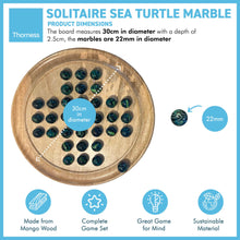 Load image into Gallery viewer, 30cm Diameter WOODEN SOLITAIRE BOARD GAME with SEA TURTLE GLASS MARBLES | classic wooden solitaire game | strategy board game | family board game | games for one | board games