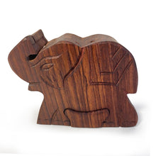 Load image into Gallery viewer, 4-piece Elephant Wooden Puzzle Box | Wooden Elephant Puzzle Box | Handmade wooden puzzle box | Handmade Wooden trinket secrets Box | Sustainable Shesham wooden hand carved box | 12cm (w) x 5cm (h)