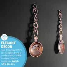 Load image into Gallery viewer, Set of 2 brass Love Spoons, wedding tokens, rustic decor, housewarming gift