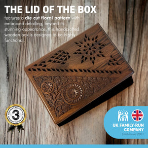 Handcrafted wooden storage trinket jewellery box | keepsake box | die cut floral pattern | 18cm (w) x 13cm (d) x 6cm (h) | A Timeless Treasure of Craftsmanship