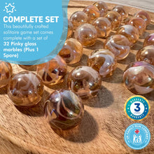 Load image into Gallery viewer, 30cm Diameter MANGO WOOD SOLITAIRE BOARD GAME with PINKY GLASS MARBLES | |classic wooden solitaire game | strategy board game | family board game | games for one | board games