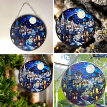 Load image into Gallery viewer, 15cm Diameter Stained Glass Suncatcher, WINTER SCENE DESIGN, festive holiday window decor
