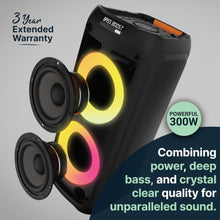 Load image into Gallery viewer, Portable Bluetooth Party Speaker | P300 | 8HR Battery, 300 WATTS | LED Light Display and 2.0 Sound | Karaoke Ready - Wired Microphone and Remote | USB and AUX Connections
