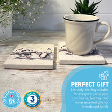 Load image into Gallery viewer, 2 x PUFFIN STONE COASTERS | Stone Coasters | Animal novelty gift | Coaster for glass, mugs and cups| Square coaster for drinks | Puffin gift | Meg Hawkins art | 10cm x 10cm